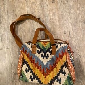 NWOT Ruggie Boston Bag Boho Multicolor Woven Tote Bag with Leather Handles